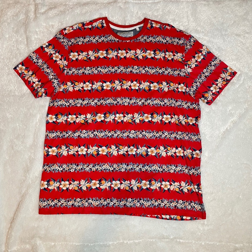 Huntington Beach Club Mens 2X Red Floral Stripe Cotton T-Shirt Retro Vacation